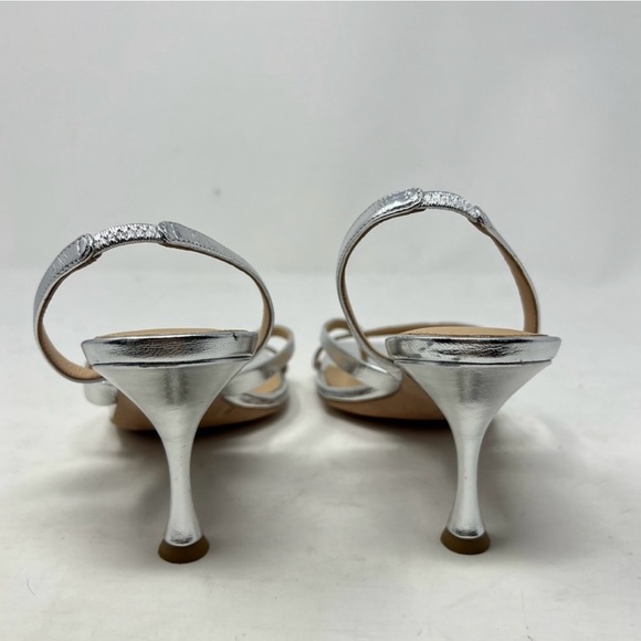Veronica Beard Silver Leather Thong Heeled Strappy Sandals Metallic Heels Size 9 - Picture 7 of 10